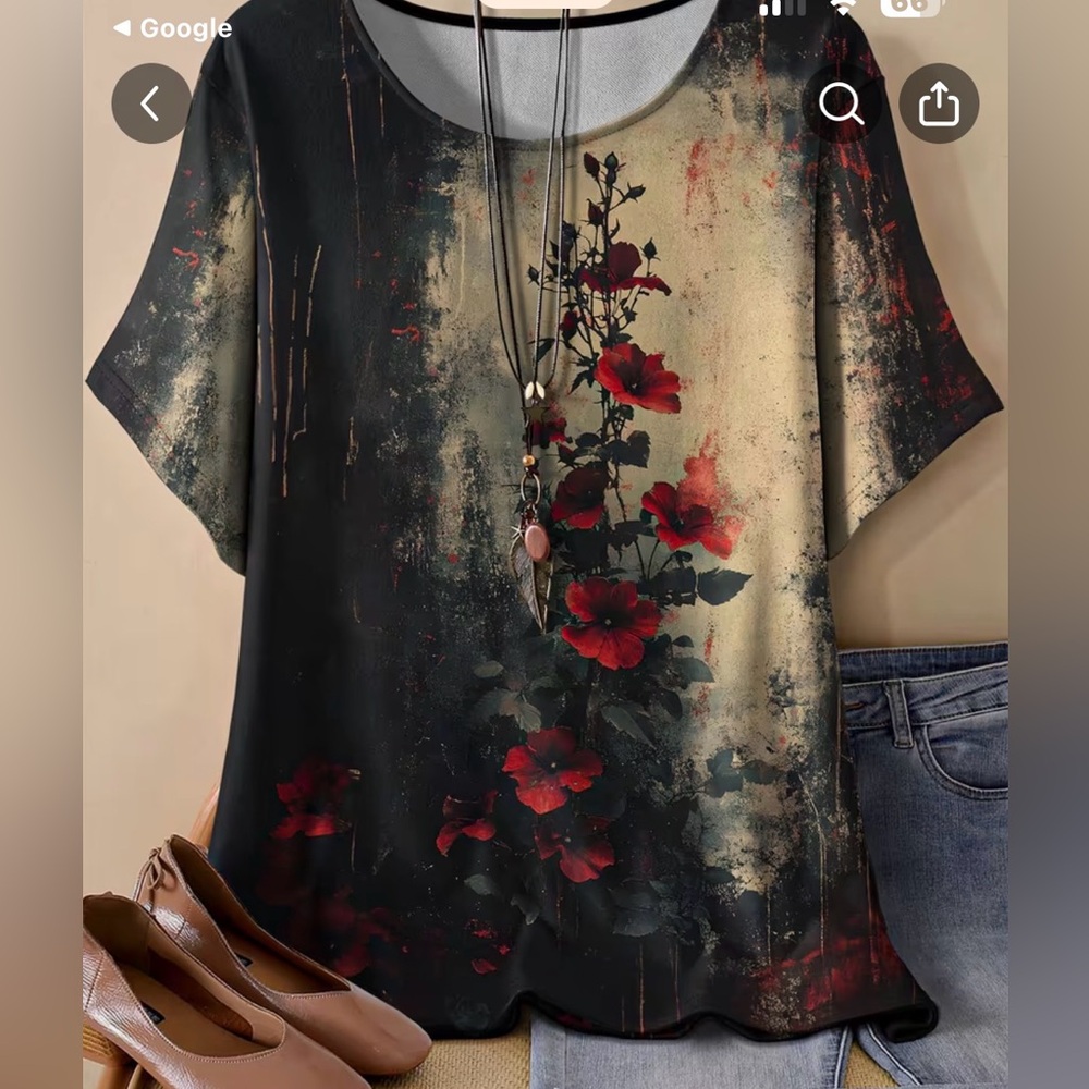 Black Floral Tunic Top with Red Bloom Detail